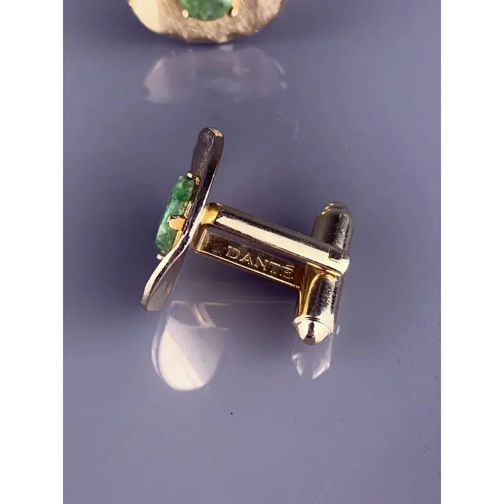 Green Jade Stone Cufflinks Tie Tack Pin Gold Tone Oval Modern Dante Vintage